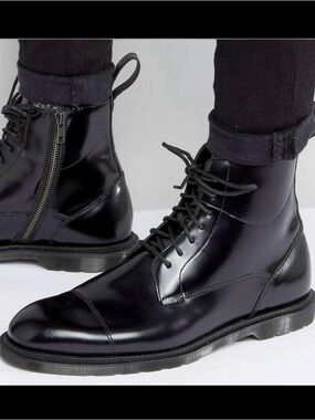 Dr. Martens Black Leather Lace-Up Ankle Boots with Side Zip